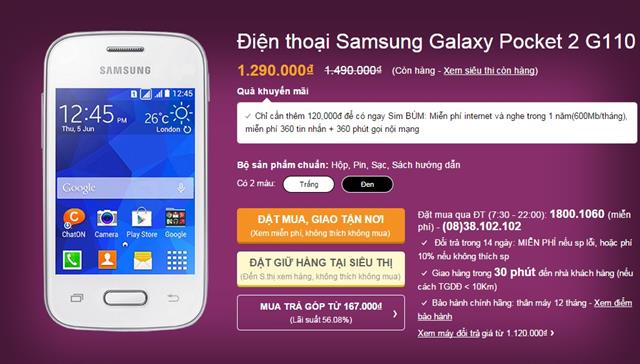 Samsung Galaxy Pocket 2 giá tham khảo chỉ còn 1.290.000 đồng. Đặt mua tại đây