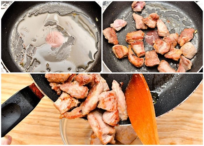 Tiếp theo, bạn làm nóng chảo trên bếp một lần nữa, thêm chút dầu vào chảo. Đổ thịt đã trộn bột vào chảo, chiên chúng lên cho đến khi các cạnh của thịt đều vàng, chiên khoảng 5-8 phút Tiếp theo, bạn làm nóng chảo trên bếp một lần nữa, thêm chút dầu vào chảo. Đổ thịt đã trộn bột vào chảo, chiên chúng lên cho đến khi các cạnh của thịt đều vàng, chiên khoảng 5-8 phút