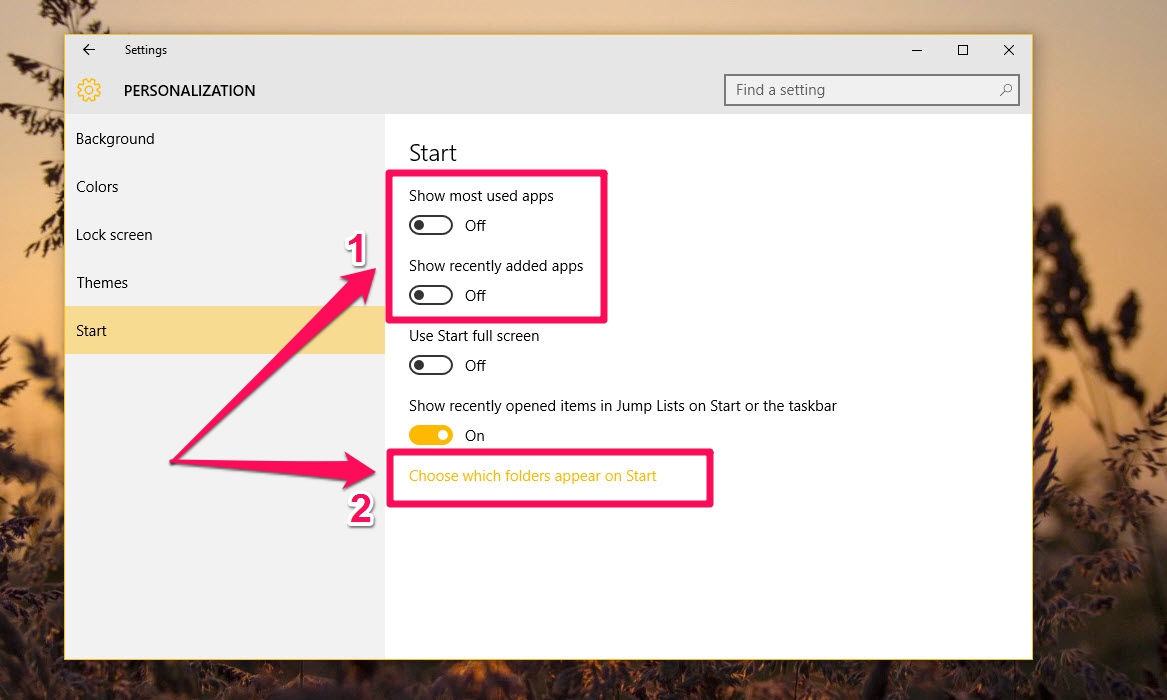 Click chuột vào tùy chọn Choose which folders appear on Start