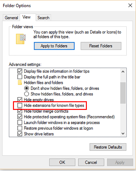 Folder Option và Uncheck vào phần Hide Extensions for Known File Types. Folder Option và Uncheck vào phần Hide Extensions for Known File Types.