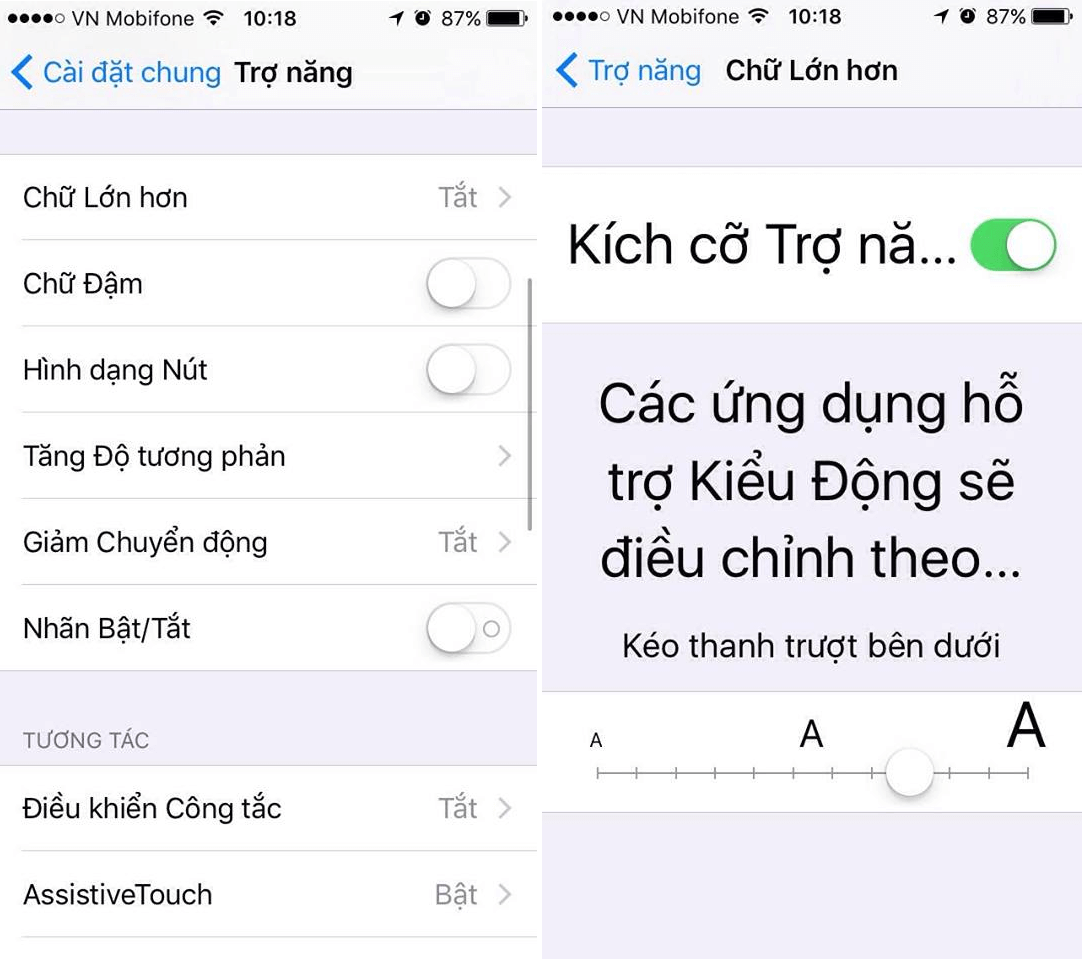 Trợ năng Thay đổi Font