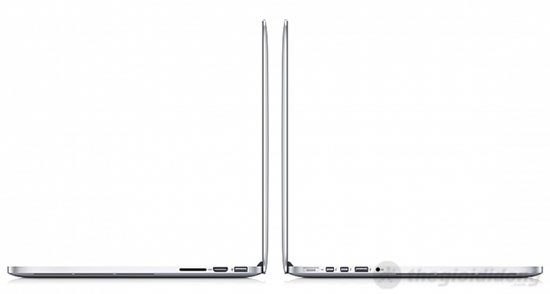 MacBook Pro MC975 với cổng kết nối ở 2 bên thân máy gồm USB, HDMI, Thunderbolt, MagSafe 2, jack tai nghe 3.5 mm và khe cắm thẻ nhớ SD