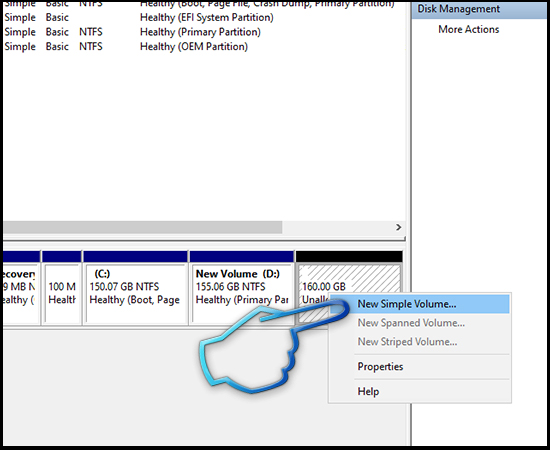 - Bước 7: Click phải vào phân vùng vừa được cắt. Click chọn New Simple Volume…