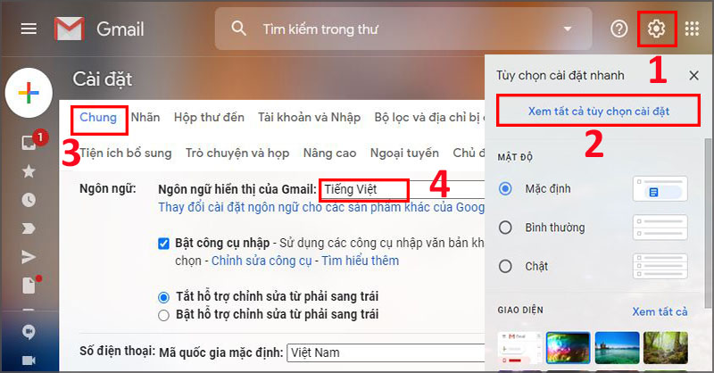 Chọn Cài đặt > Chọn Xem tất cả tùy chọn cài đặt > Chọn Chung > Tại mục Ngôn ngữ hiển thị của Gmai, chọn Tiếng Việt