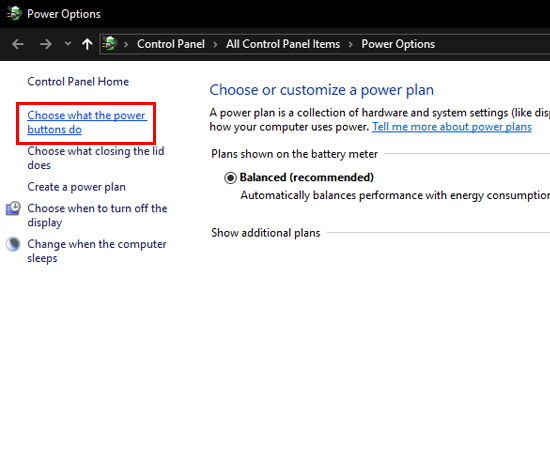 Bước 4: Chọn vào Choose what the power buttons do ở khung bên trái.