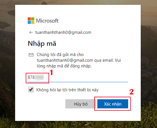 Nhập mã xác thực được gửi về Email.