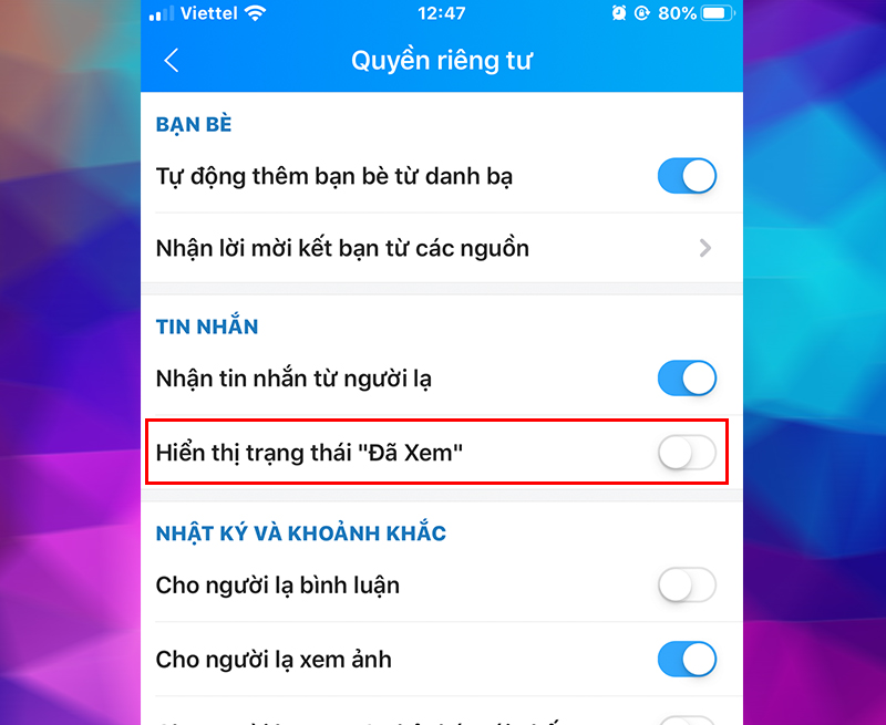 Tùy chọn giúp tắt trạng thái 