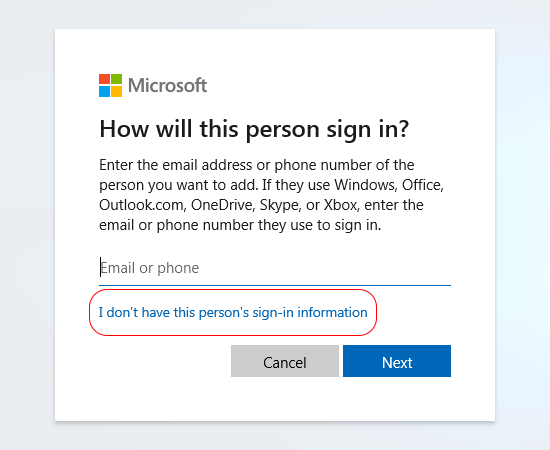 4. Chọn dòng chữ I don't have this person's sign-in information