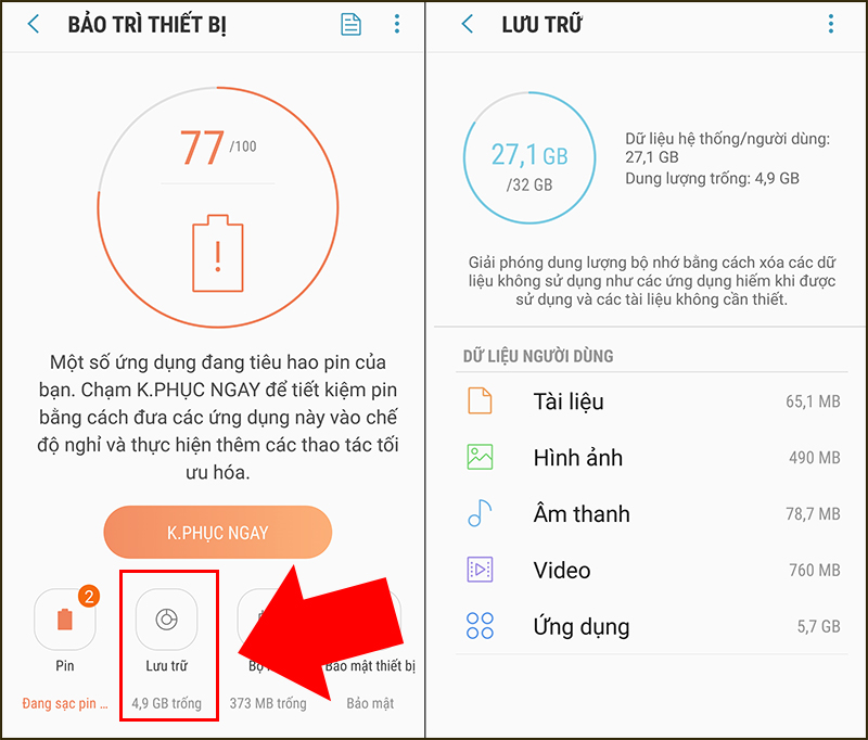 Bấm vào lưu trữ để kiểm tra dung lượng máy điện thoại